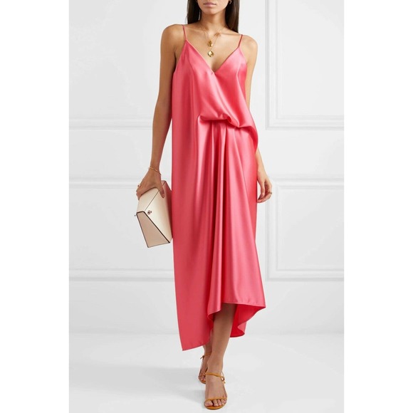 NEW Cedric Charlier Satin Pink Draped Midi Dress $520 US 12 IT 46 - Picture 2 of 11